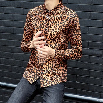 XXL-6XL ! 2018 Naujų vyriškų drabužių rudens ilgomis rankovėmis marškinėliai gėlės medvilnės plius dydis leopardas spausdinti marškinėliai slim dainininkas kostiumai