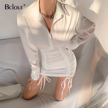 Bclout Elegantiška Baltos Spalvos Klostuotas Marškinėliai Suknelė Moterims Raišteliu Ilgomis Rankovėmis Mini Sukneles Puoštas Pasukite Žemyn Apykaklės Vestido Streetwear