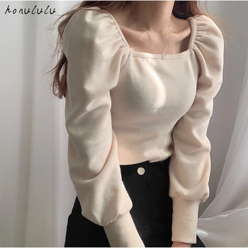 Rudenį korėjos prabangus dizaino prasme, plisuotos sluoksniuotos rankovėmis kvadratinių kaklo džemperis moterims užsienio stiliaus marškinėliai dugno marškinėliai banga