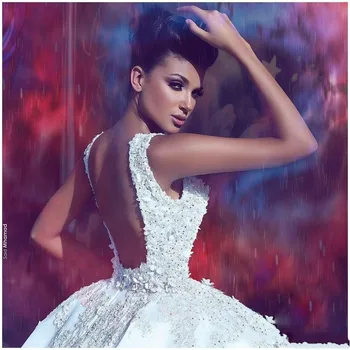Arabijos Vestuvių Suknelės Su Užkarpomis Gėlių Nėrinių Aplikacijos Romantiškas Vestuvių Suknelės 2018 Seksualus, Puošnus Tiulio Ilgai vestido de noiva