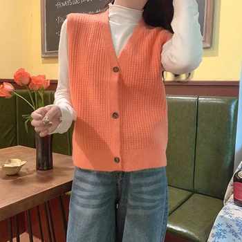 Korėjos Harajuku Atsitiktinis Vest Megztiniai Moterims, Nauja Rudens Preppy Stilius V Kaklo Vieno Breated vientisos Spalvos Trikotažo susagstomi megztiniai, Studentas