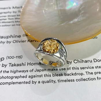 GHIDBK 925 Sterlingas Sidabro Suprojektuoti Aukso Ryškus Gėlių Žiedai Moterų Derliaus Kalti Tekstūra Žiedai, Mados Žiedas korėjos Papuošalai