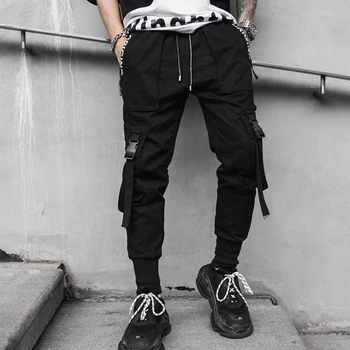 2020 m. Pavasarį Hip-Hop Poilsiu Vyrų Juodos Haremo Kelnės Multi-pocket Juostelės Vyras Sweatpants Streetwear Laisvalaikio Vyriškos Kelnės M-3XL