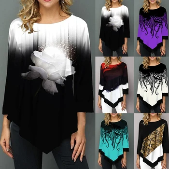2020 Gėlių Spausdinti Moterų Marškinėliai Asimetriškas Hem Rudenį Palaidinė Marškinėliai Moteris Gėlių Spausdinti Viršūnes, O Kaklo Atsitiktinis Viršūnes Moterų Camisa