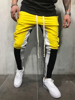 Vyriški naują atsitiktinis užtrauktukas užtrauktuku kišenės prisiūta su geltona stilingas tracksuit kelnės