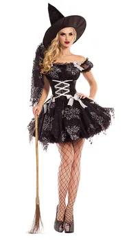Suaugusiųjų Gotikos Ragana Kostiumas Helovinas Šalis Ragana Kostiumas Moterims Seksualus Juodas Tiulis Ragana Dress+Hat
